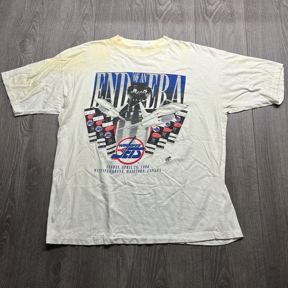 Vintage 1996 Winnipeg Jets End of Era NHL T-Shirt White One Size Single Stitch
